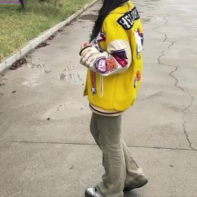 Americano Retro Hello Kitty Plush Bordado Patchwork Jaqueta De Beisebol Para Homens E Mulheres Marca De Moda Gola Solta