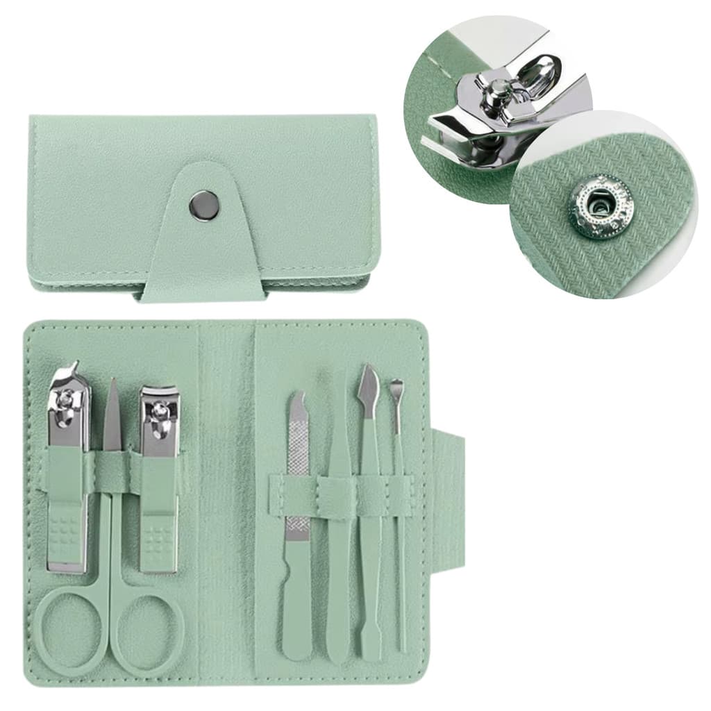 Kit 7 Peças Completo Cortador De Unha Cutícula Pinça Tesoura Lixa Manicure Com Estojo Verde