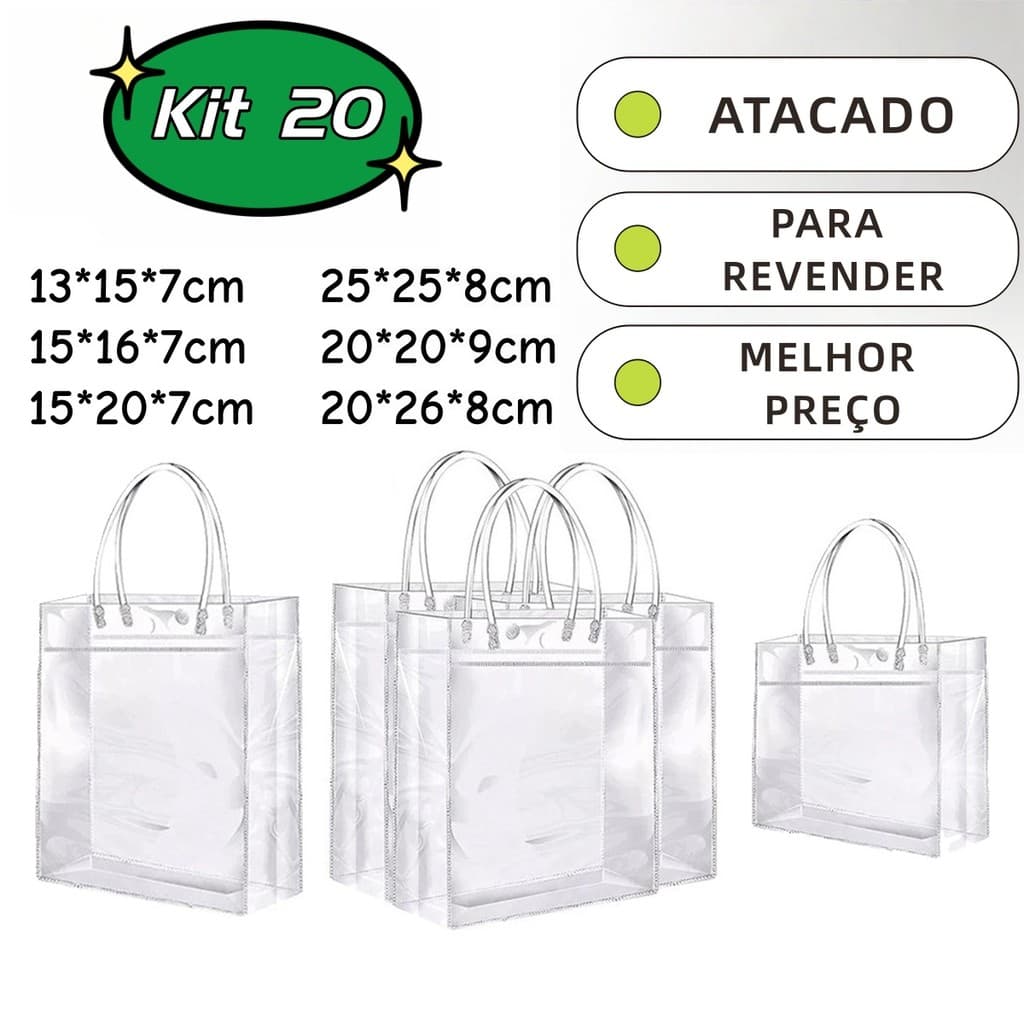 Kit 20 Sacolas Transparente PVC Atacado | Embalagem Para Lojistas e Lembrancinhas - 6 Tamanhos