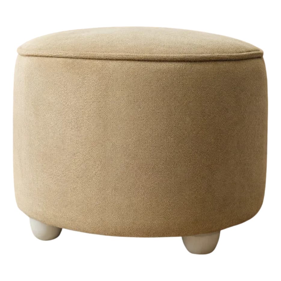 Puff Redondo Bege em Suede Apoio para Pés Sala e Quarto