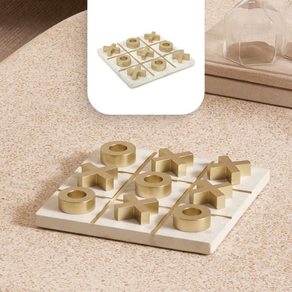 Jogo da Velha Decorativo em Cimento e Polirresina Enfeite Off White Centro de Mesa Dourado Adorno Decoração