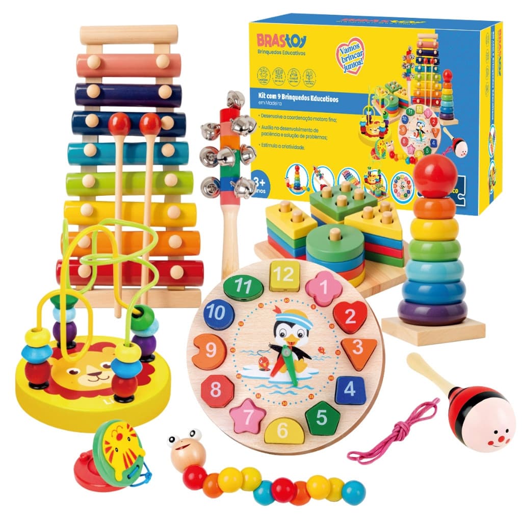 Kit de 9 Peças de Brinquedos Educativos Multissensoriais de Madeira para Educação Infantil