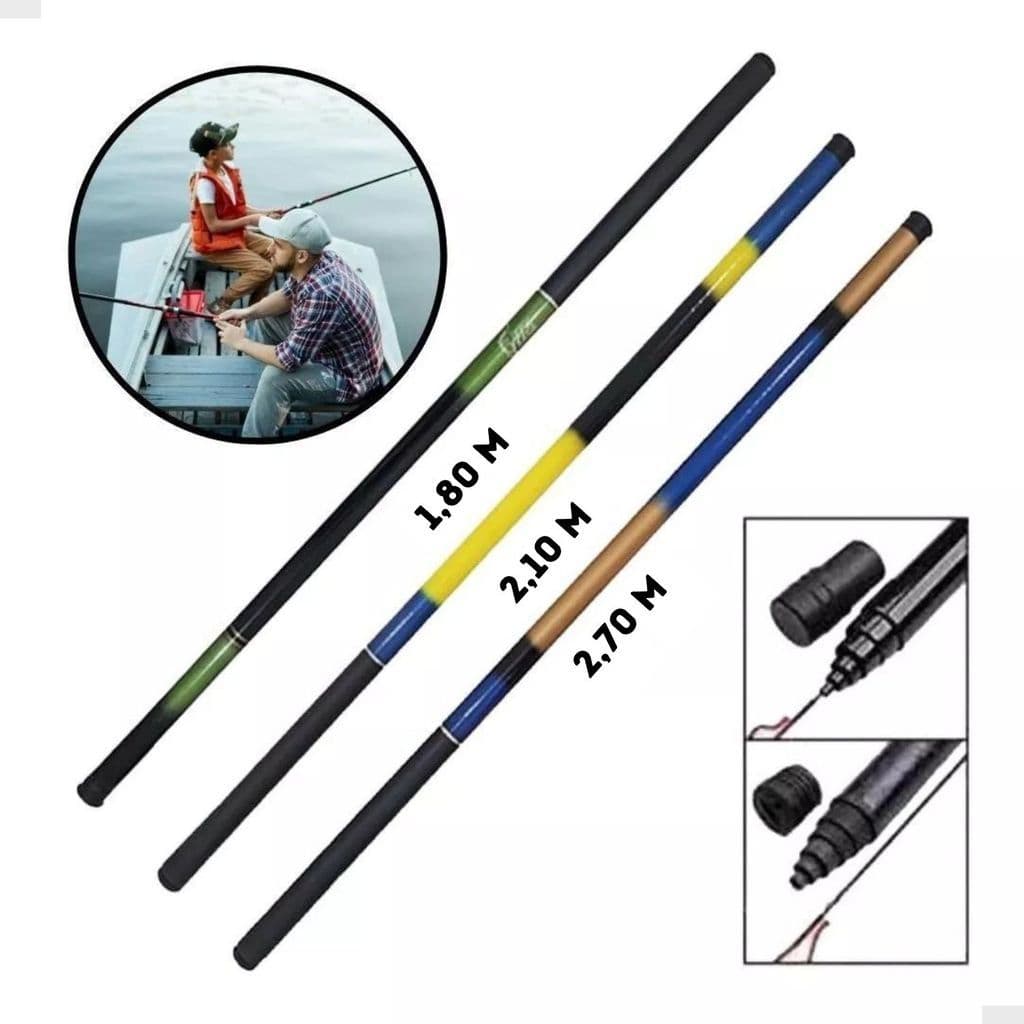 Kit de Pesca 3 Varas Telescópica Retrátil Lisa 40% Carbono Super Leve 1,80m 2,10m E 2,70 Metros