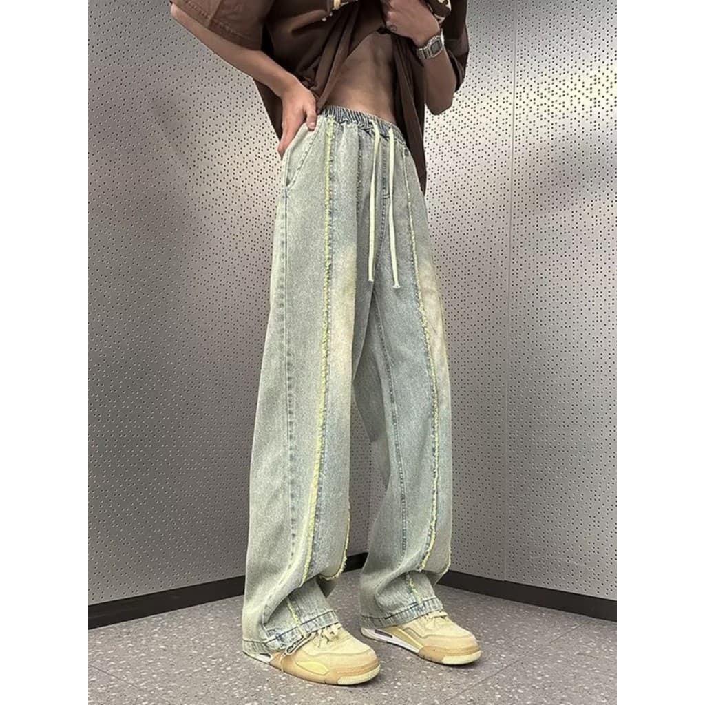 Americano Retro desgastado cintura elástica Jeans masculino estilo Hong Kong cec High street Wear solto Casual calças co