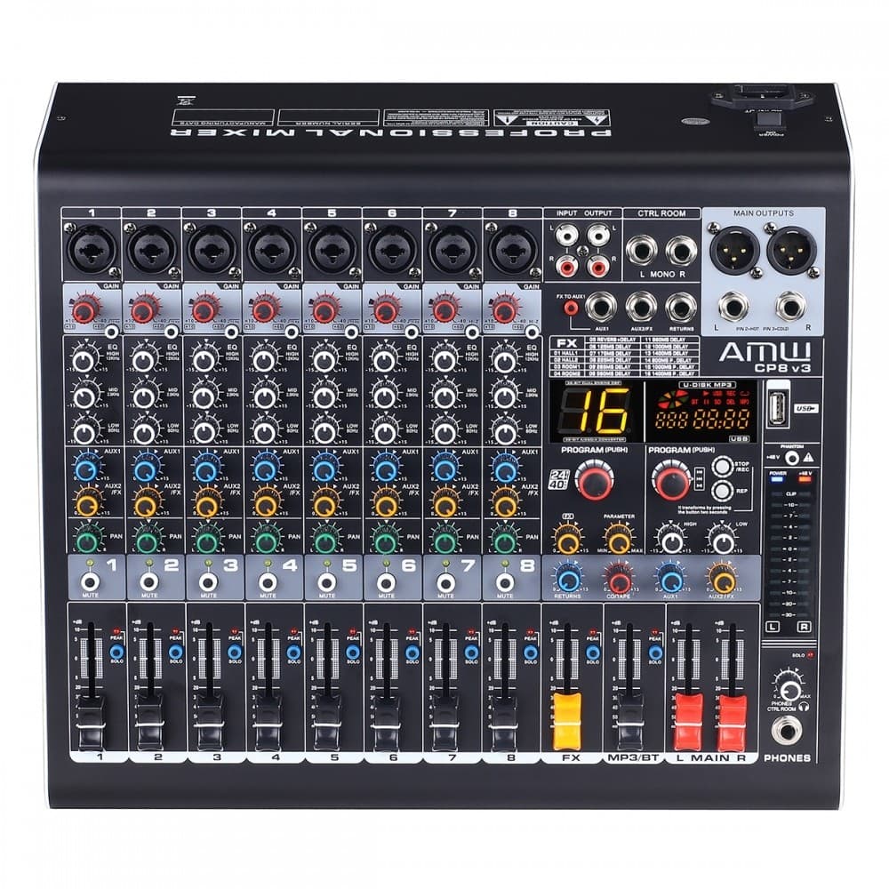 AMW CP8 V3 - Mesa de Som 8 Canais Efeitos USB Interface Mp3 BT Eq