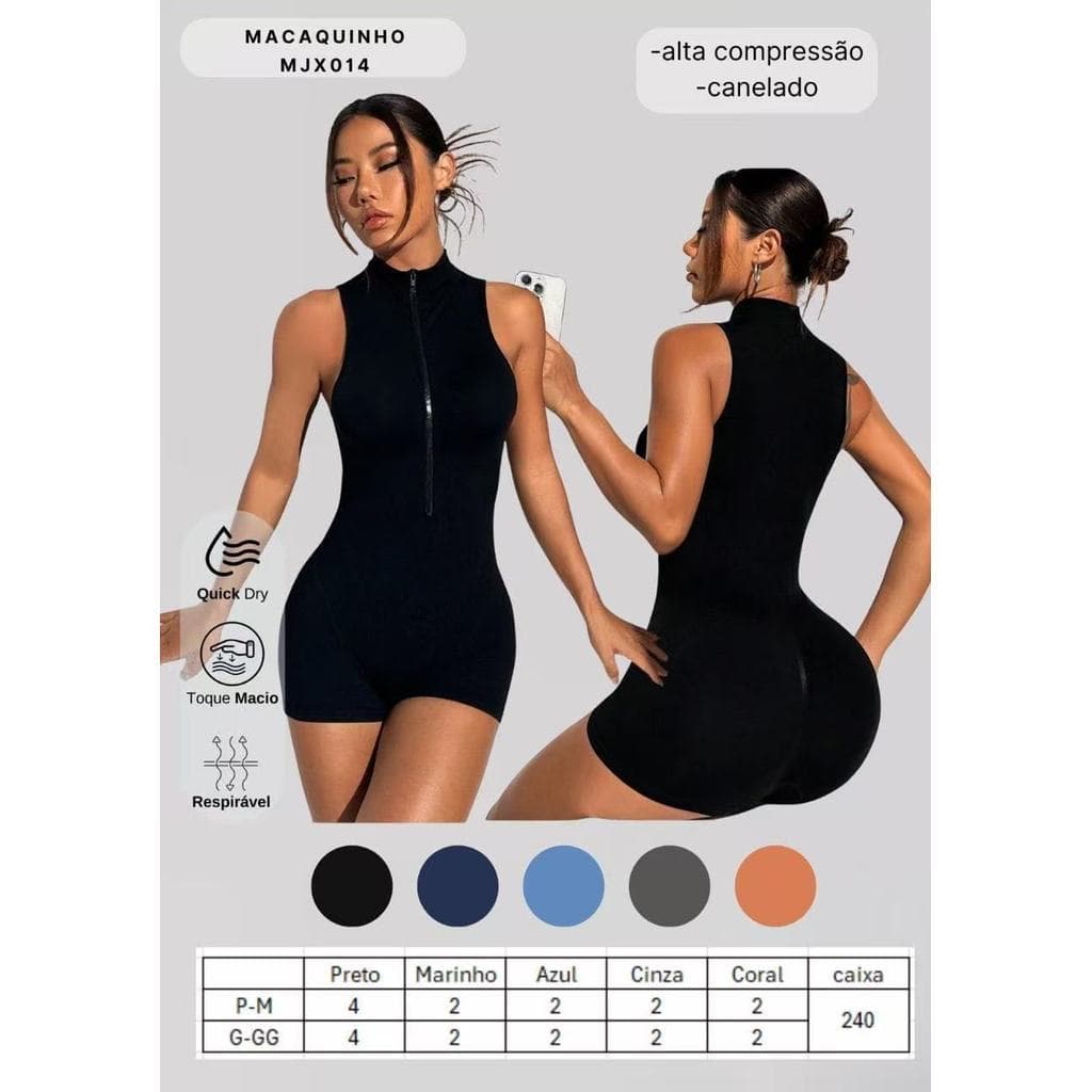 KKX-08Macaquinho Fitness Feminino Canelado – Zíper Frontal, Alta Elasticidade | Roupa de Academia Confortável e Estilosa