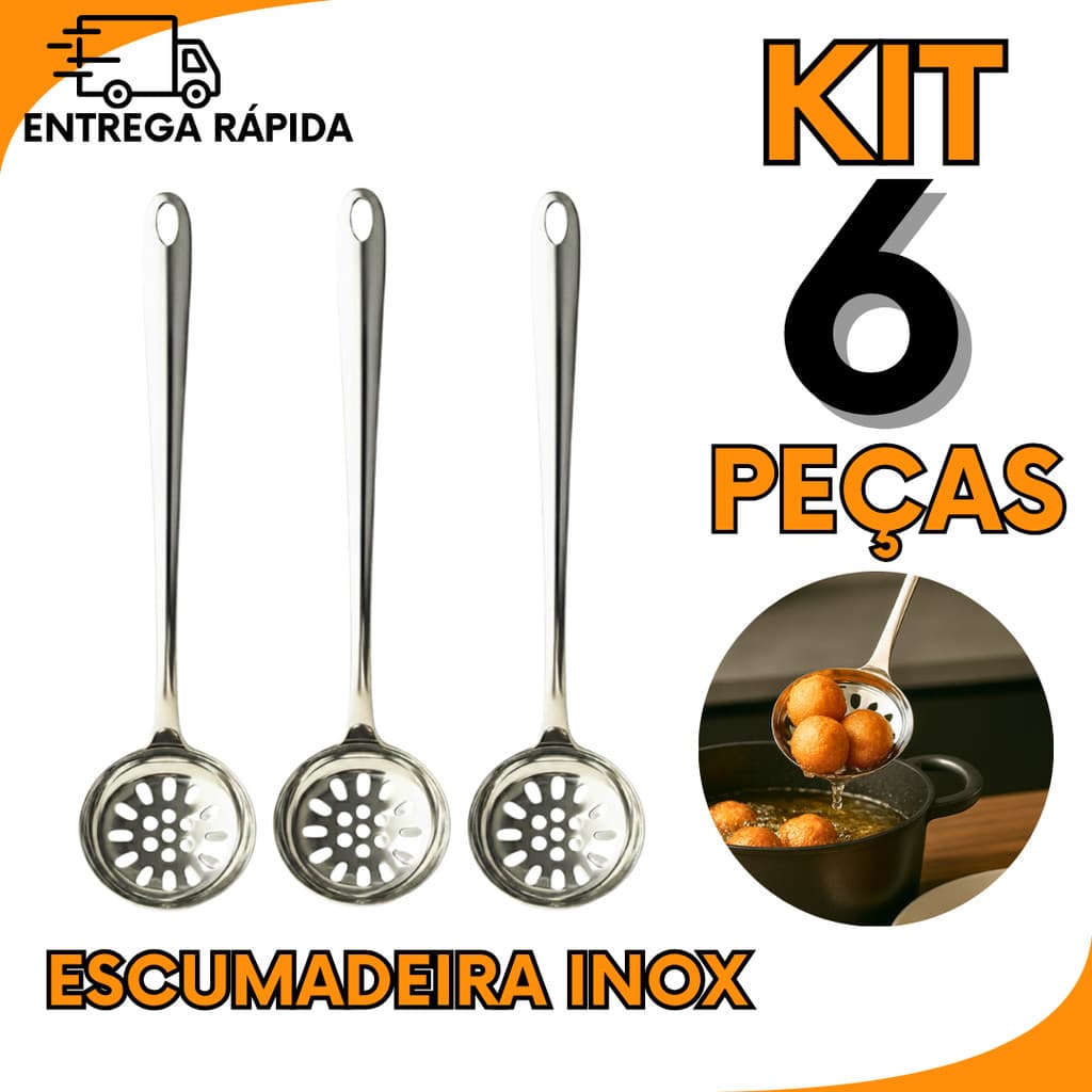 Kit 6 3 ou 1 Escumadeira resistente em aço inox ideal para uso na cozinha