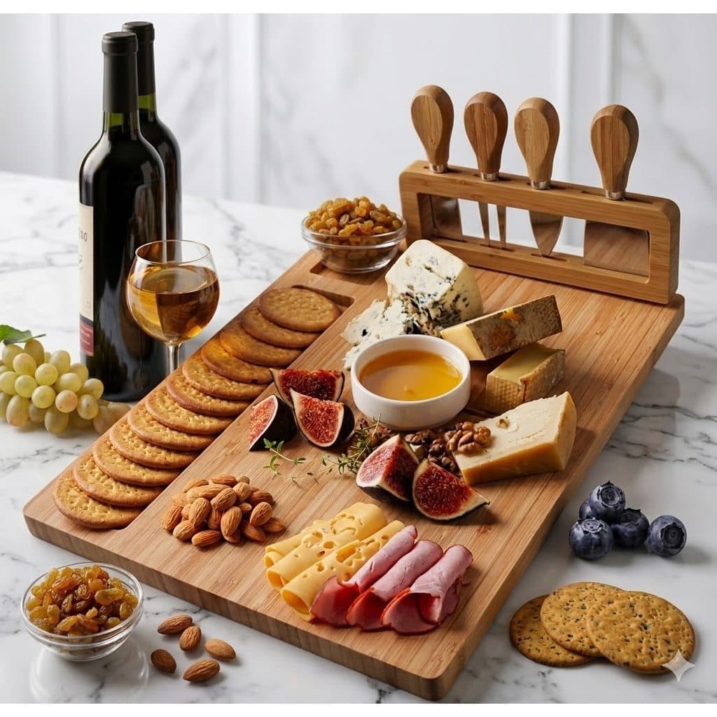 Tábua de Frios Bambu com 4 Facas de Queijo Petisqueira Gourmet para Queijo Vinho e Aperitivos