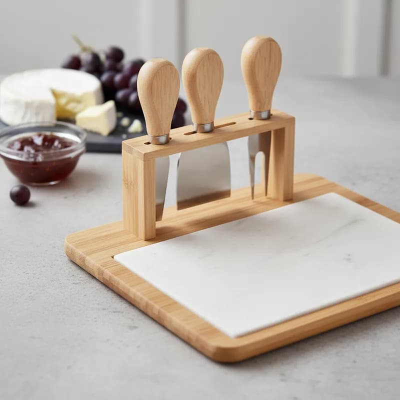 Bandeja Bambu Com Cerâmica 3 Peças Para Queijo 23x21cm