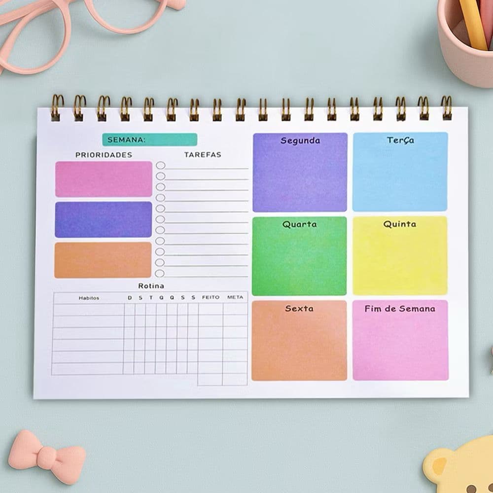 Planner para Anotações Semanal em português  com Capa de Acetato – 50 Folhas Organize sua rotina com estilo