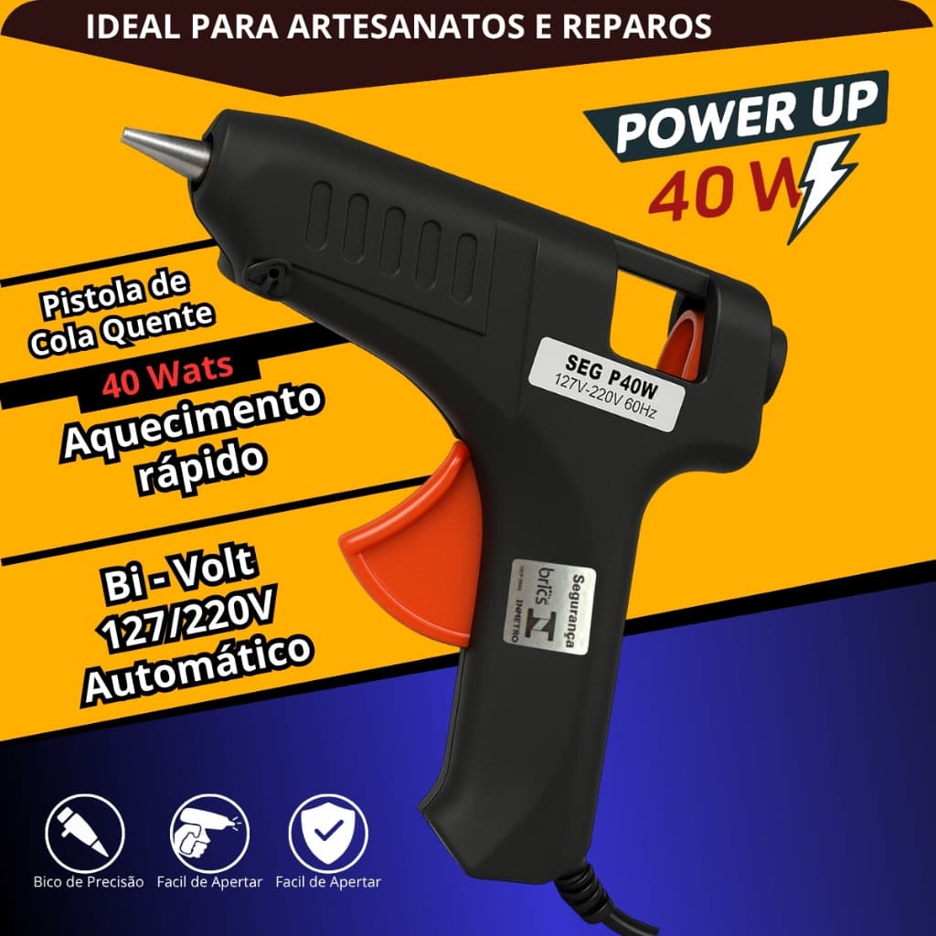 Pistola Cola Quente Grande 40W Bivolt Automático 127/220V Alta Potência Aquecimento Rápido Profissional
