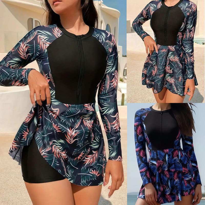 Conjunto Maiô Saia Praia De Manga Longa Solar UV Feminino Estampado Floral E Shorts