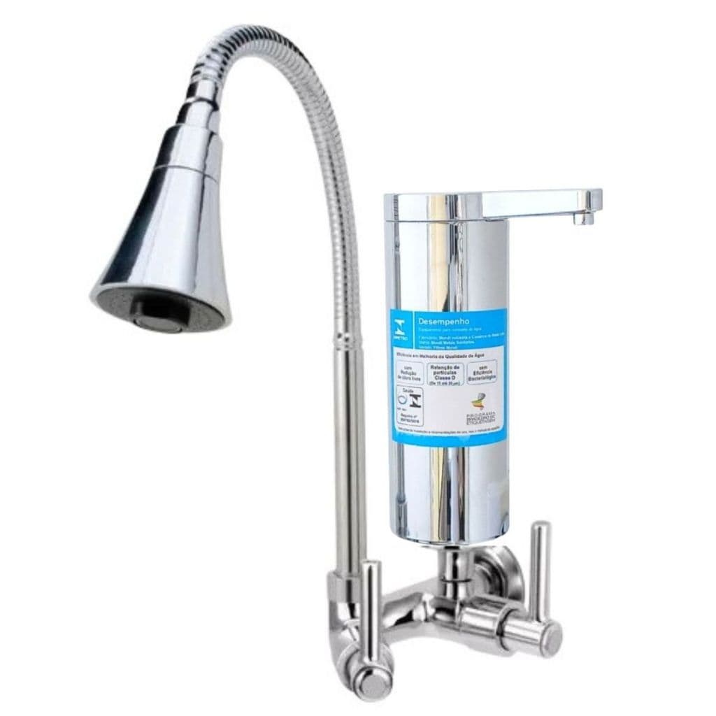Torneira Bica Móvel Gourmet em ABS de Parede de Cozinha Tubo Cone Cromado Flexível e Filtro Pró Saúde Premium