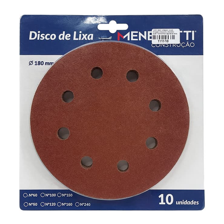 Kit com 10 Discos de Lixa 7" (180mm) Grão 100 com 8 Furos Menegotti