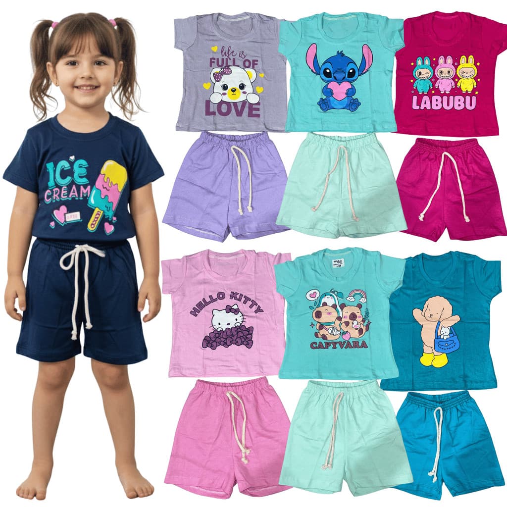 Conjunto Infantil Menina Blusa Estampada + Short Verão Moda.Point