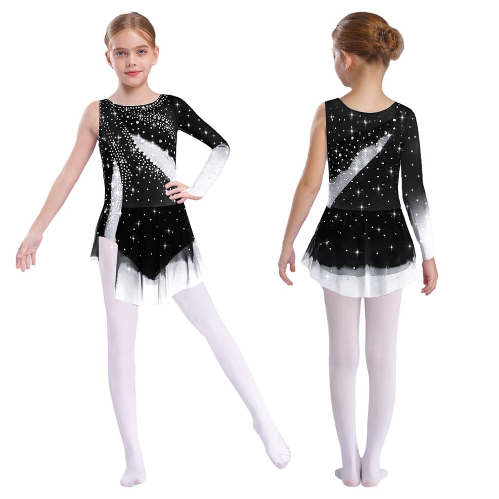 Crianças Meninas Dança Lírica Figura Patinação Ginástica Rítmica Traje Em Torno Do Pescoço Assimétrico Divisão Brilhante