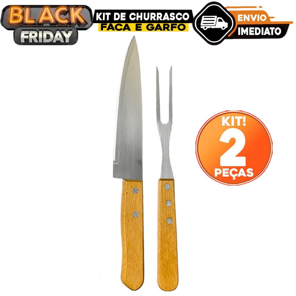 Kit De Churrasco  Carne 2 Peças Faca Garfo Cabo Madeira