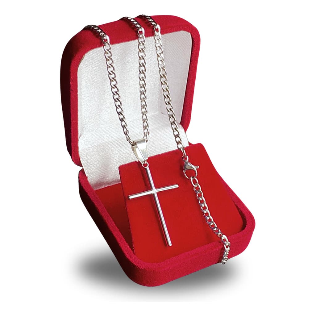 Corrente Cordão Masculino Grumet Aço Inox Cruz Para Presente Cor Prateado