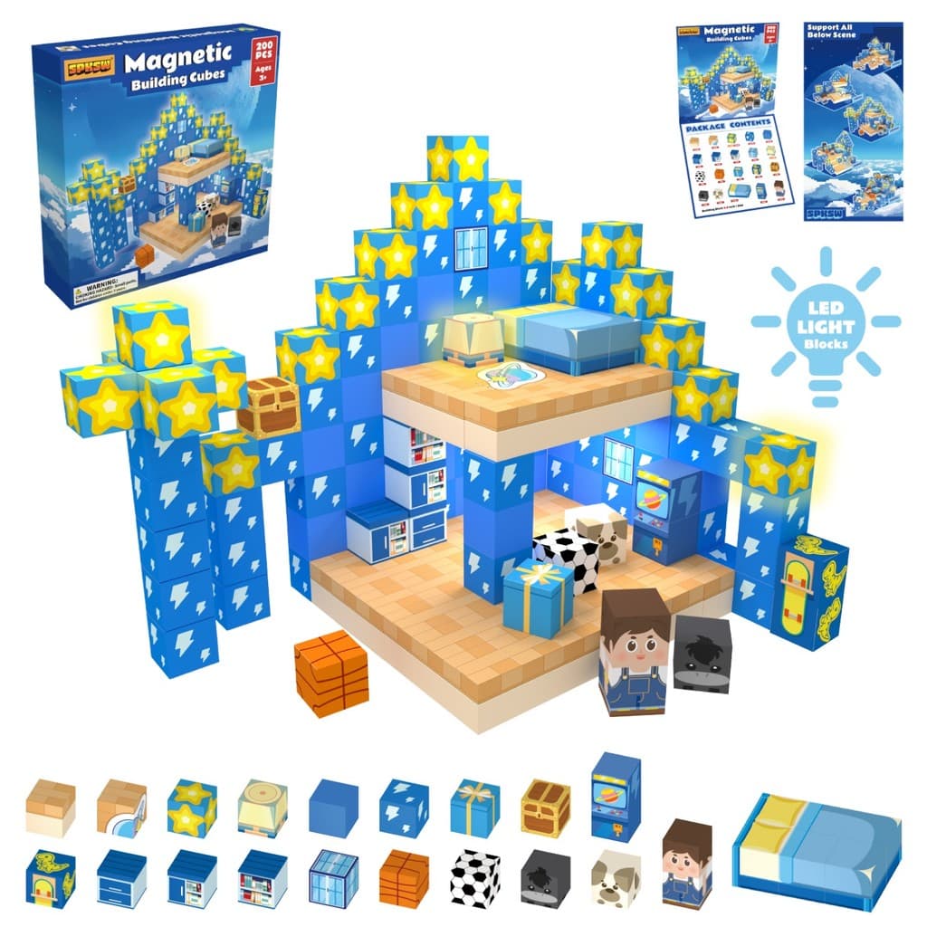 Conjunto De Blocos De Construção De Casa De Sonho De Camada Dupla Azul Fofo De 200 Peças Com 3 Luminosos De LED Integrad