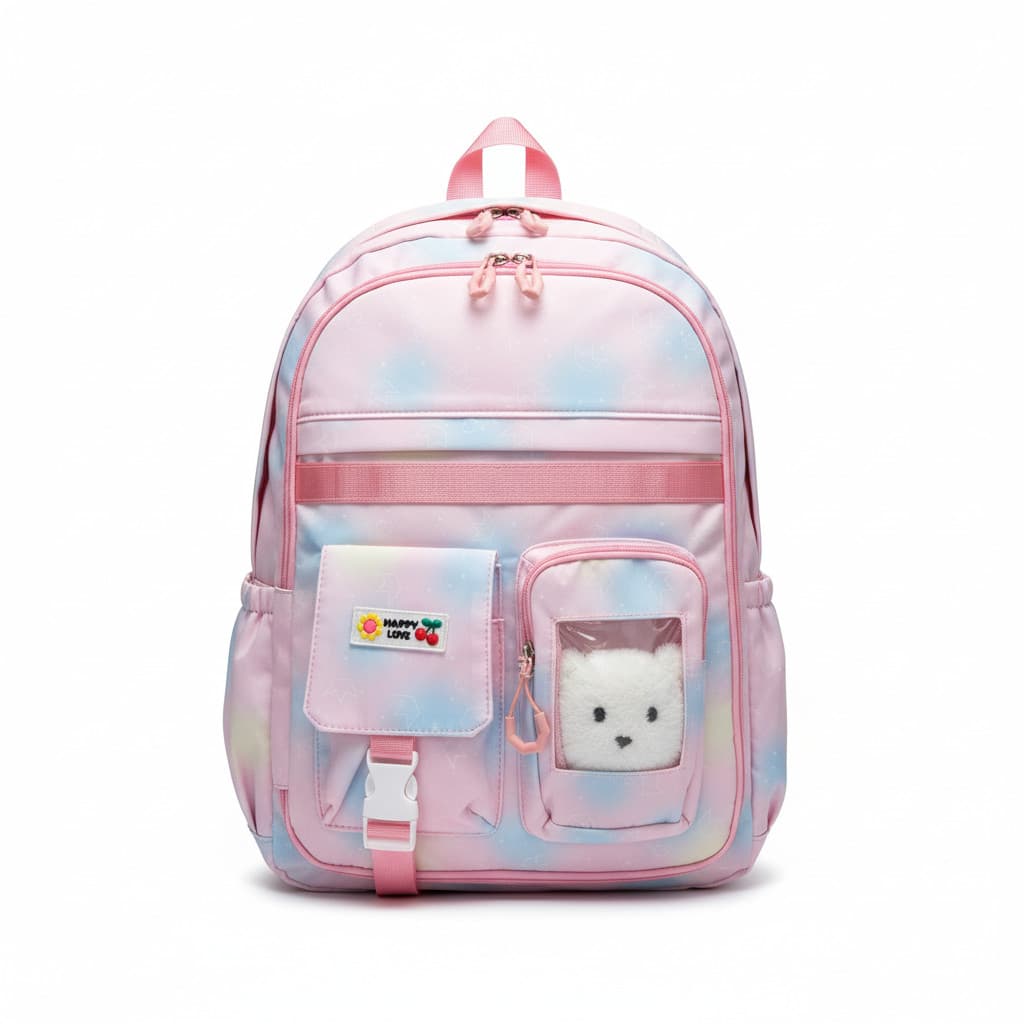 Mochila Escolar Infantil Unicórnio Tie Dye com Ursinho de Pelúcia Grátis, Bolsa Resistente, Vários Bolsos, Feminina