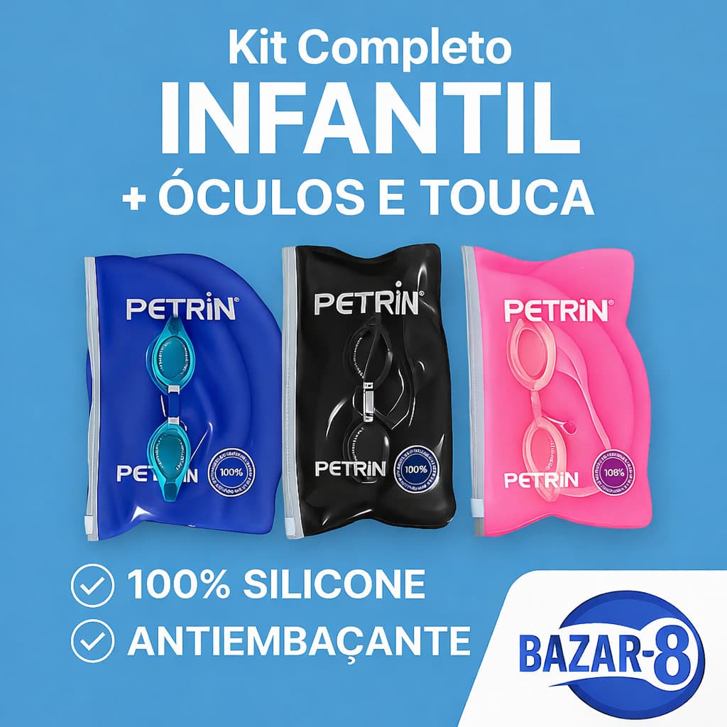 Kit Natação Completo Touca + Óculos Silicone Antiembaçante Infantil Petrin Original