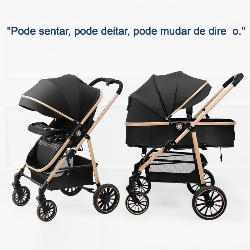 Carrinho de Bebê Luxo com Moisés Reversível, Dobrável, Encosto Reclinável, Bandeja de Alimentação e Estrutura Reforçada