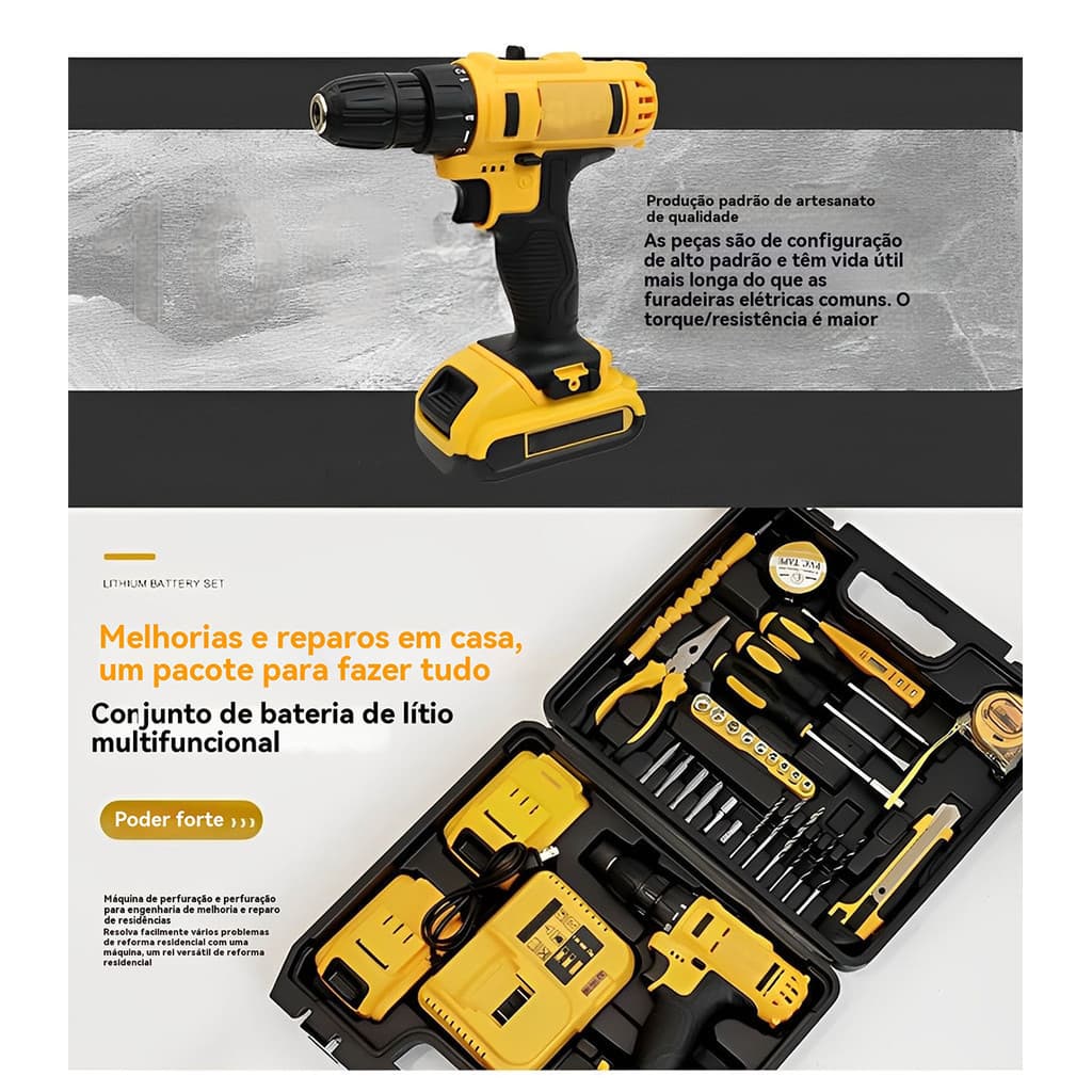 Kit Parafusadeira e Furadeira Elétrica 21V C/Maleta Completa Profissional C/2 Baterias