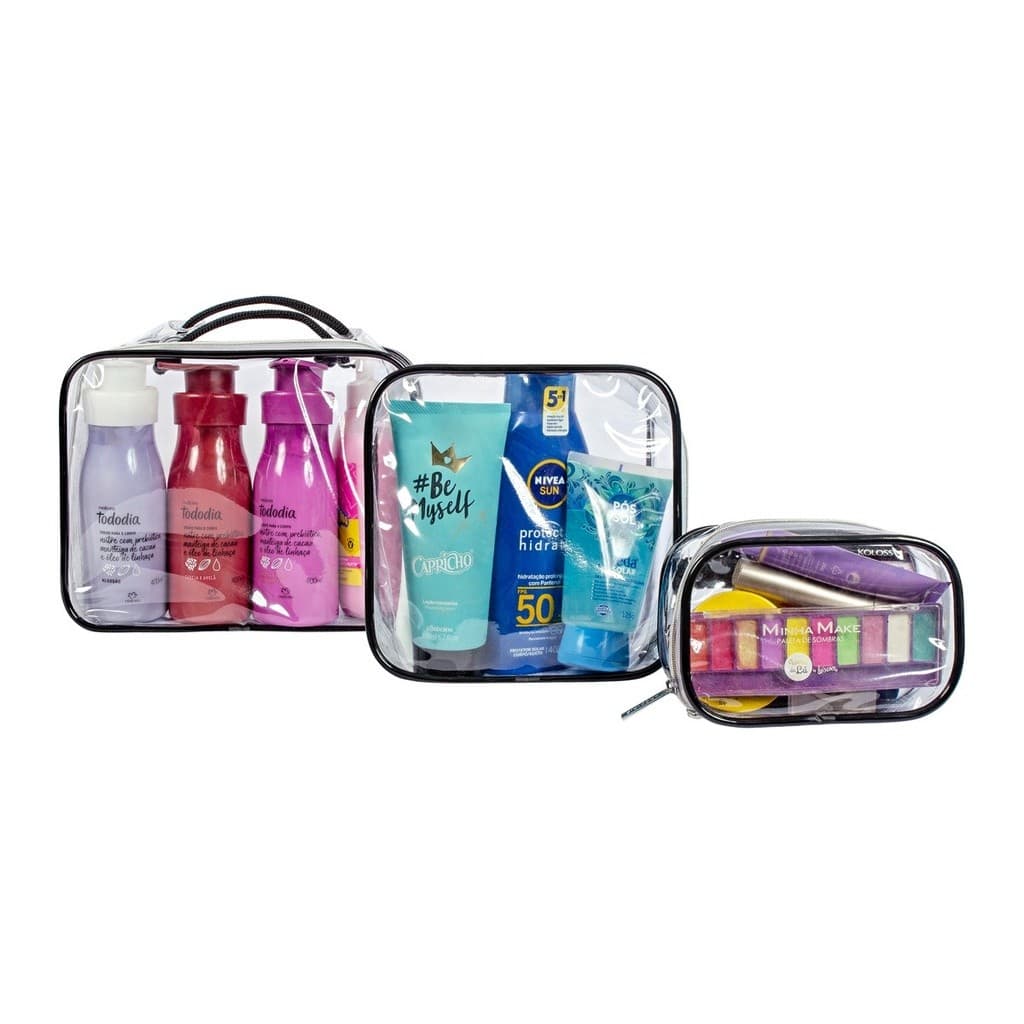 ​Kit Necessaire Transparente 3 Peças P M G Impermeável Organizador de Mala Viagem e Maquiagem Bolsa Feminina Luxo