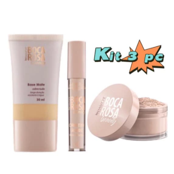 KIT 3 Pecas Base Boca Rosa + Pó Solto Mármore e Corretivo ( Escolha a cor do seu corretivo também pelo chat )