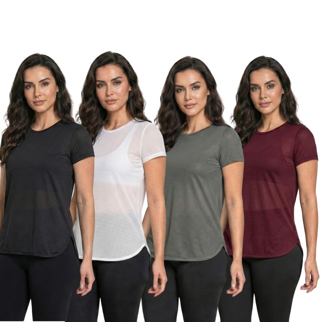 Kit 4 Blusas Femininas Premium Academia Dry Fit Respirável Moda Fitness Anti-odor Tela Dry Transparente Tapa Bumbum