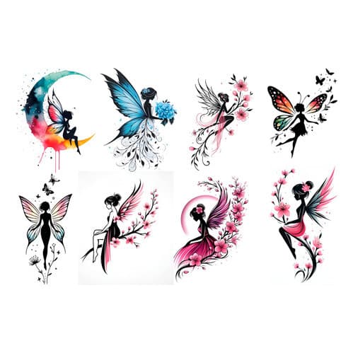 01 Cartela Tatuagem Temporária Feminina Fadas P com 8 Tatuagens