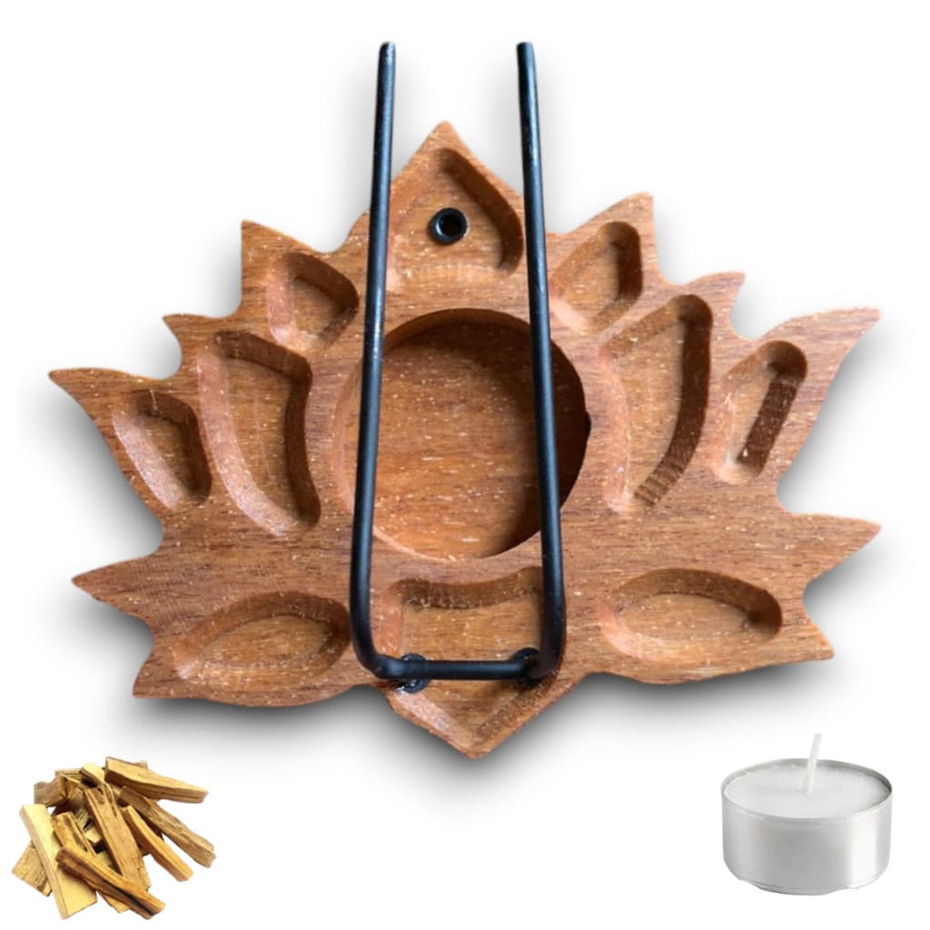 Incensário Palo Santo Madeira IPE Flor de Lotus + 1 Vela + Lasca de PALO SANTO