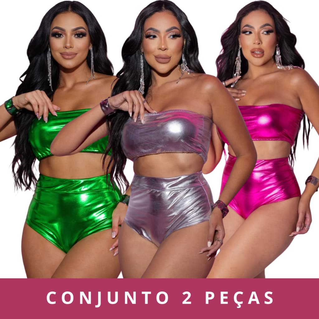 Kit 2 Peças Conjunto Top Faixa Short Hot Pant Metalizado Brilhante Bloquinho Carnaval Entrega Rápida