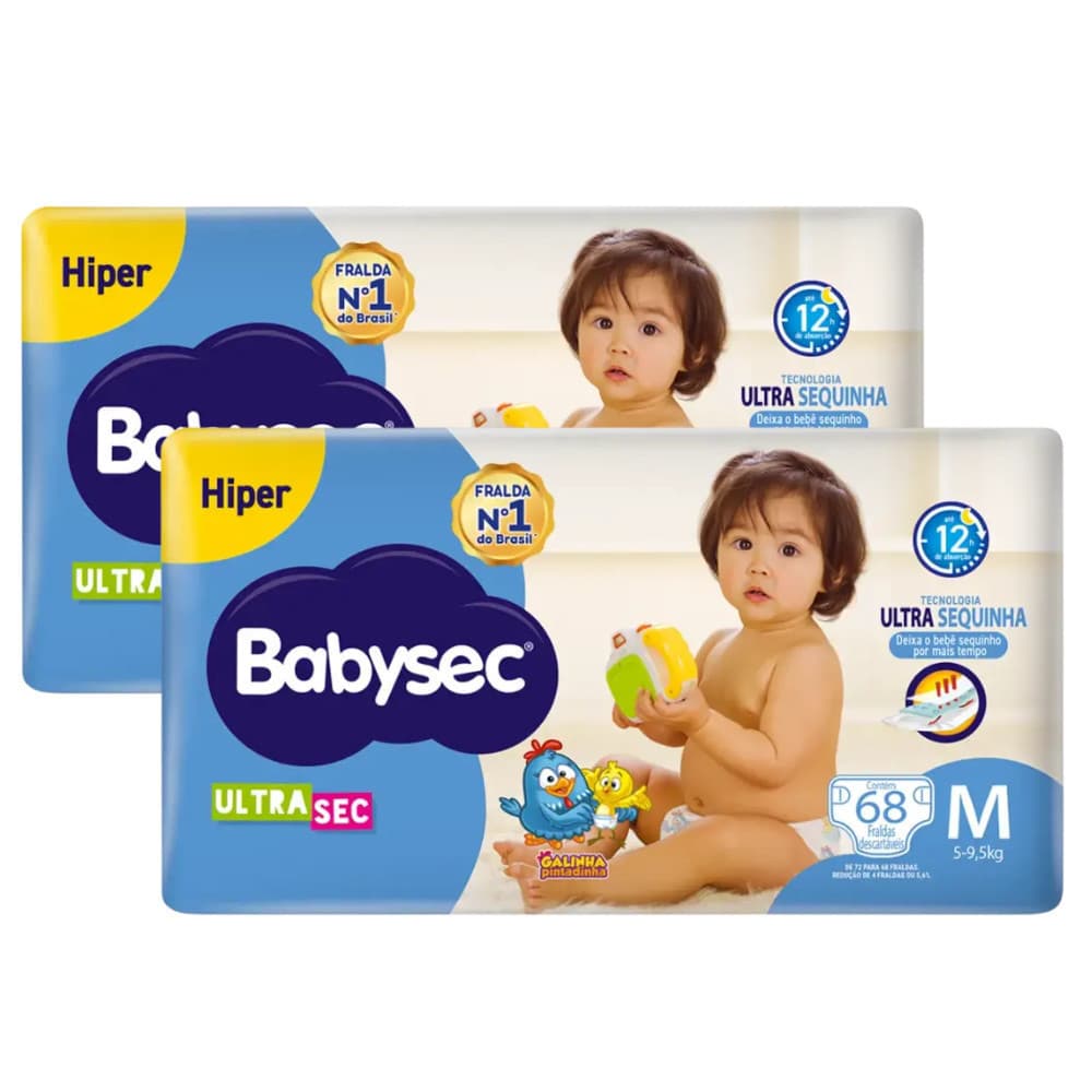 Kit Duplo Fralda BabySec Ultrasec Hiper M 68un – Bebê sequinho por mais tempo