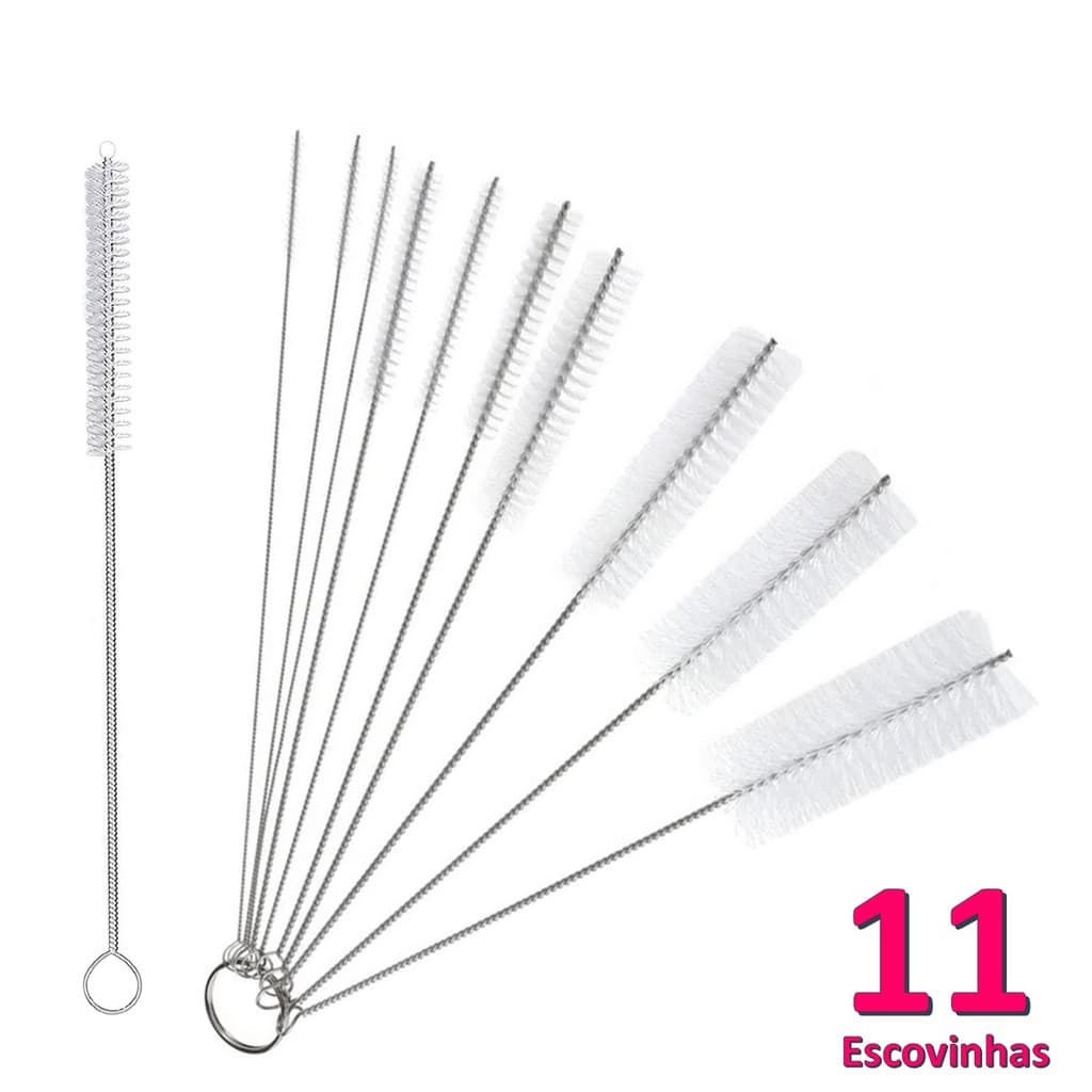 Kit 10 Escovas Limpeza Multiuso + 1 Escova Haste Inox Cerdas Nylon p/ Canudos