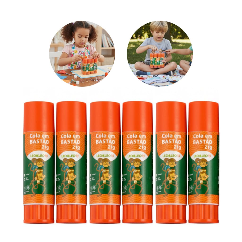 Cola Bastão Leo & Leo 21g Kit 6 Unidades Papelaria Artesanato Secagem Rápida Alta Fixação