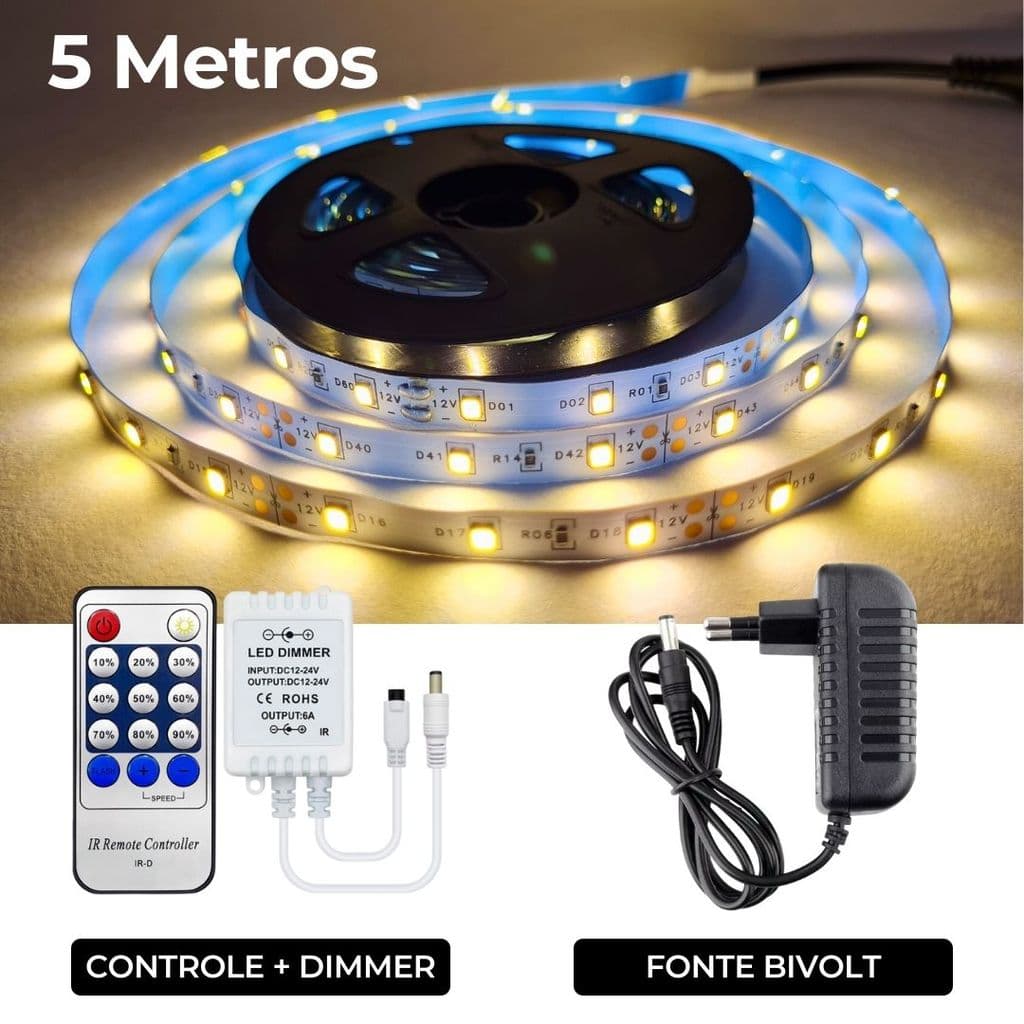 Fita LED 5m 300 LEDs Adesiva + Controle Dimmer + Fonte Bivolt | Branco Quente Frio Neutro