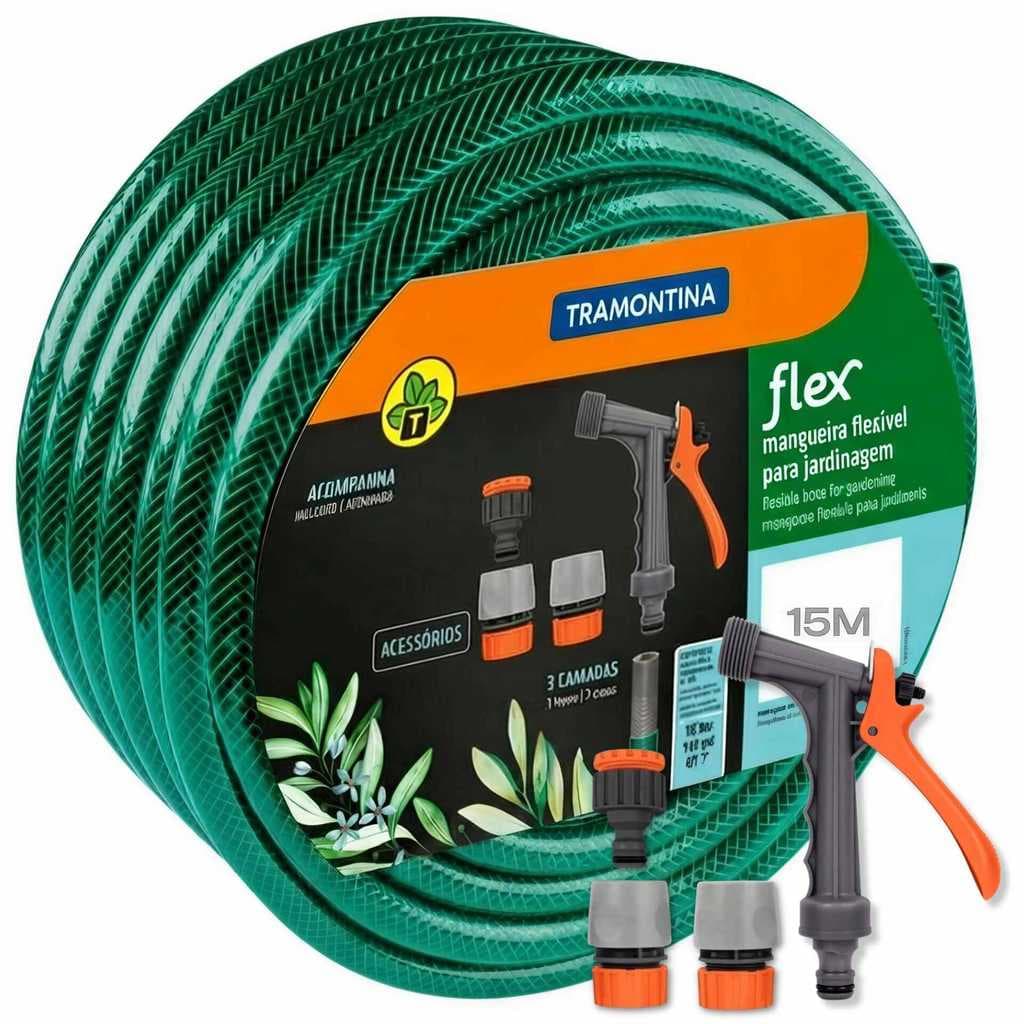 Mangueira De 15 Metros Tramontina Verde Pvc 3 Camada 1/2' Kit Esguicho Hidropistola Irrigação Trançada