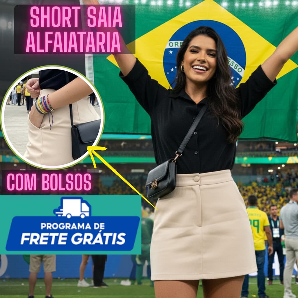 Short Saia Feminina Tecido Alfaiataria Botão Encapado Copa Mundial Brasil Tendencia Verão Top