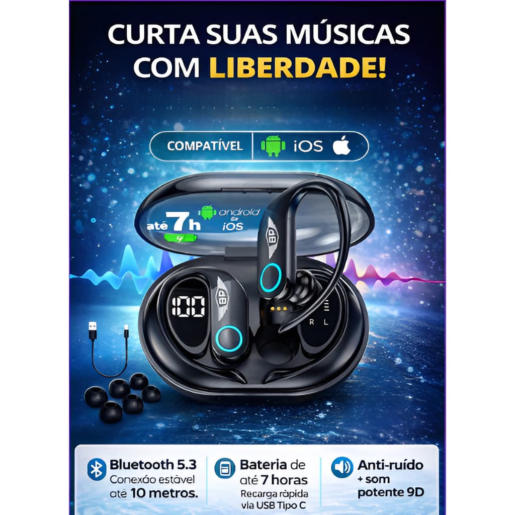 Fone de ouvido Sem Fio Bluetooth TWS Esportivo Design Pendurado Na Orelha Ergonômico