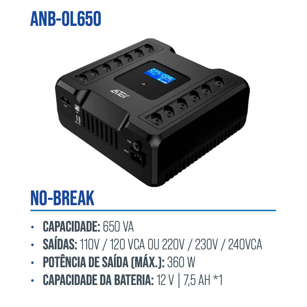 NOBREAK 650VA ENTRADA BIVOLT / SAIDA BIVOLT 110V / 220V ANB-OL650