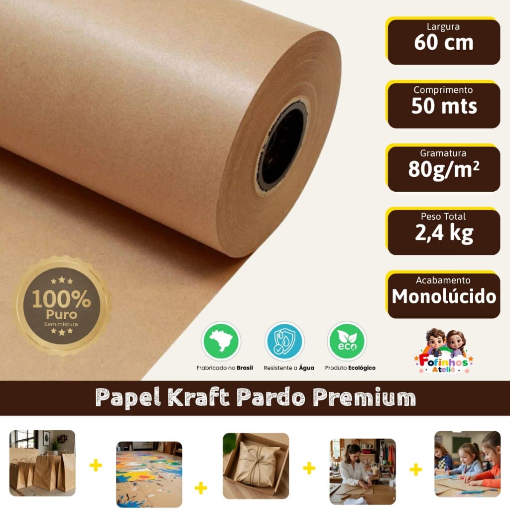 Papel Kraft 80g Com 60cm De Largura x 50 Metros Monolúcido Embalagem - Comércio E Embalagens