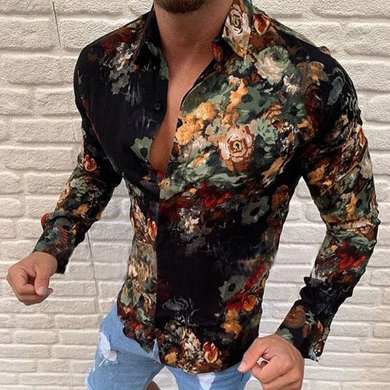 Camisa Masculina de Manga Longa com Estampa Floral Retrô, Casual, Versátil, Estilo Urbano, com Gola e Botões Frontais.