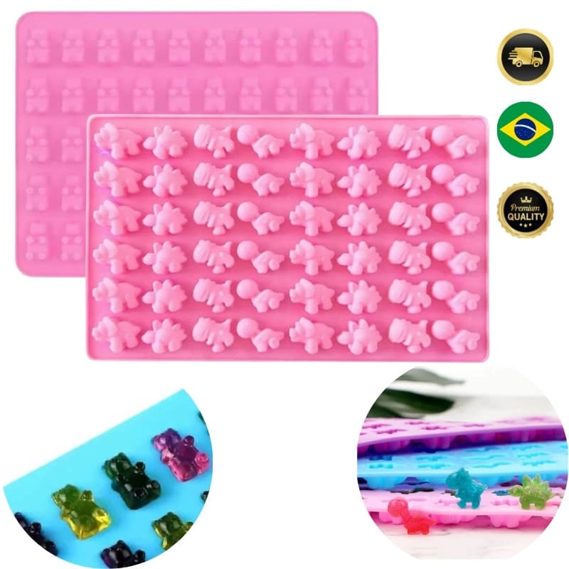Molde de Silicone Dinossauro ou Urso – 48 Mini Cavidades para Bala Gummy, Gelatina e Chocolate