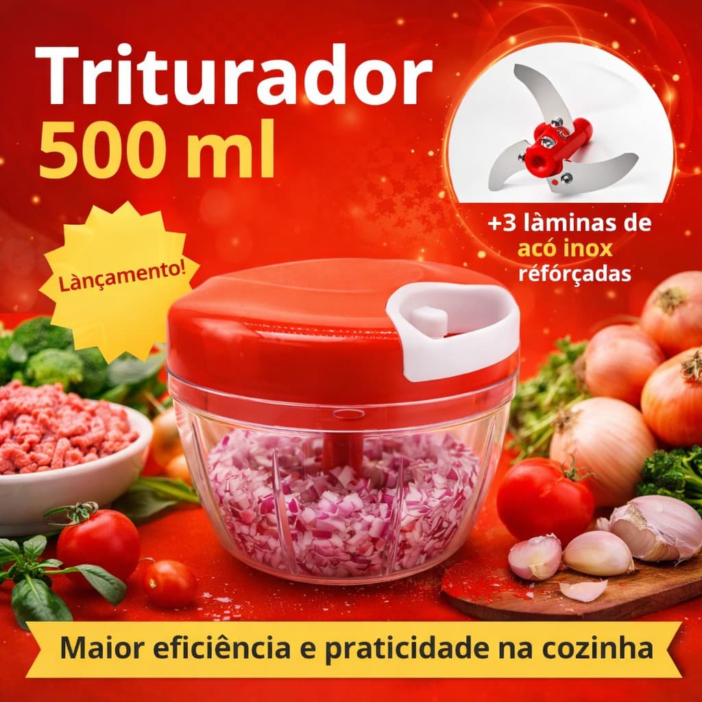 Processador Triturador Manual De Alimentos Moedor Alho Vegetal Carne 500ml 3 Lâmina