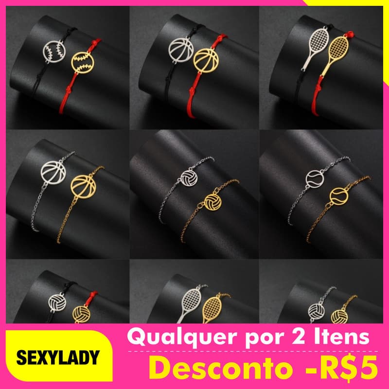 Pulseira de Aço Inoxidável Masculina e Feminina com Pingentes de Vôlei, Basquete, Tênis e Futebol, Acessórios, Presentes