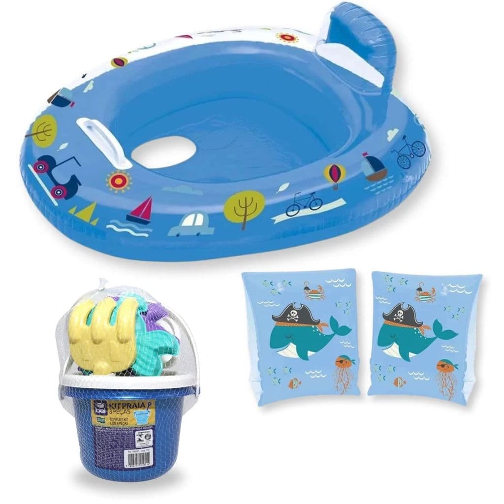 Kit Boia Bote Infantil com Fralda Azul + Boia de Braço Infantil + Baldinho de Praia com 8 Peças em Cores Sortidas