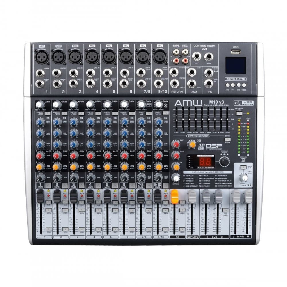 AMW M10 Fx v3 - Mesa de Som 10 Canais com EFX BT Player Sub Out e Interface !
