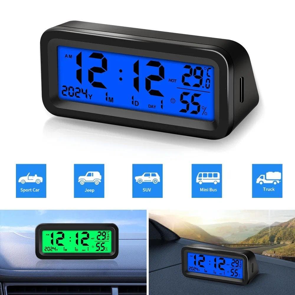 Relógio Digital Para Carro , Movido A Energia Solar/USB , Com Data , Semana , Temperatura , Umidade , LCD , Retroilumina