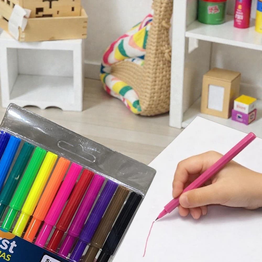 Conjunto Canetinhas Coloridas 12 Cores Ponta Fina Hidrocor Escrita Desenho Escolar Achadinhos